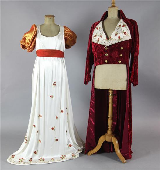 Centerentola: Two red crushed velvet tail jackets with appliqué embroidered white collar, together with three